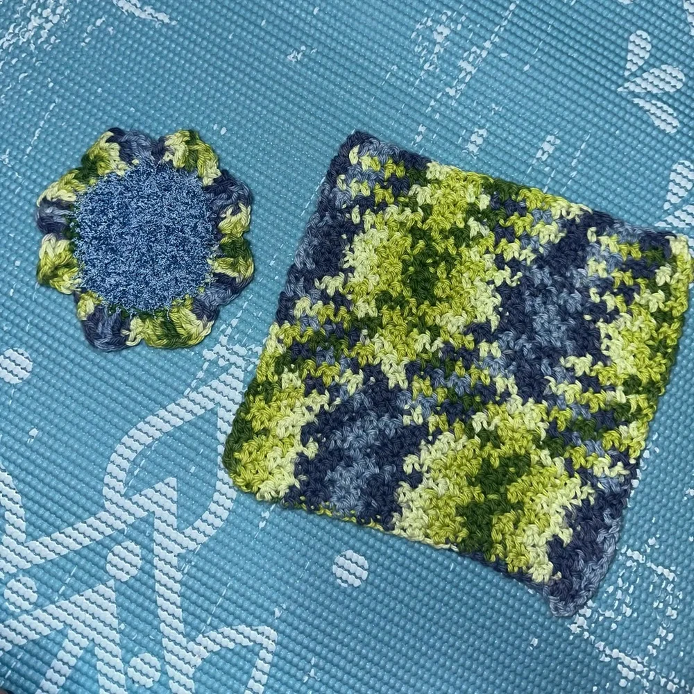 Dark Blue and Green Handmade Cotton Multi Use Washcloth Set